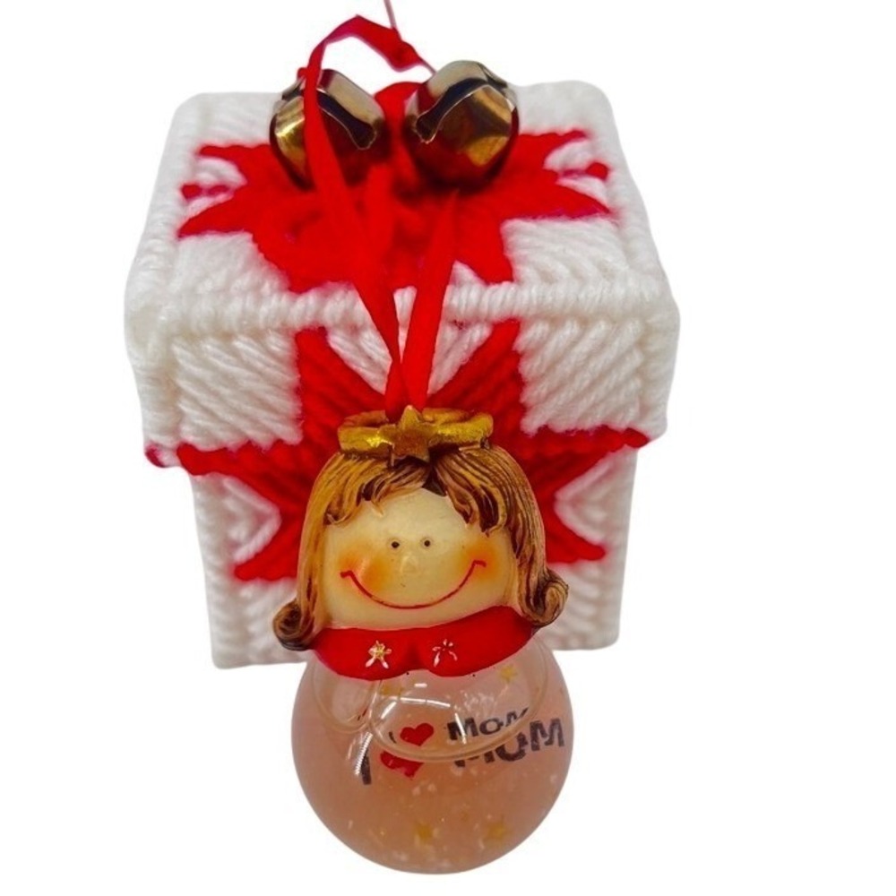 Cross Stitch Present Box w/ 'I ❤️ Mom' Angel Snow Globe Christmas Ornament Gift